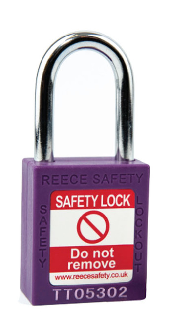 Purple steel shackle safety padlock keyed differently 