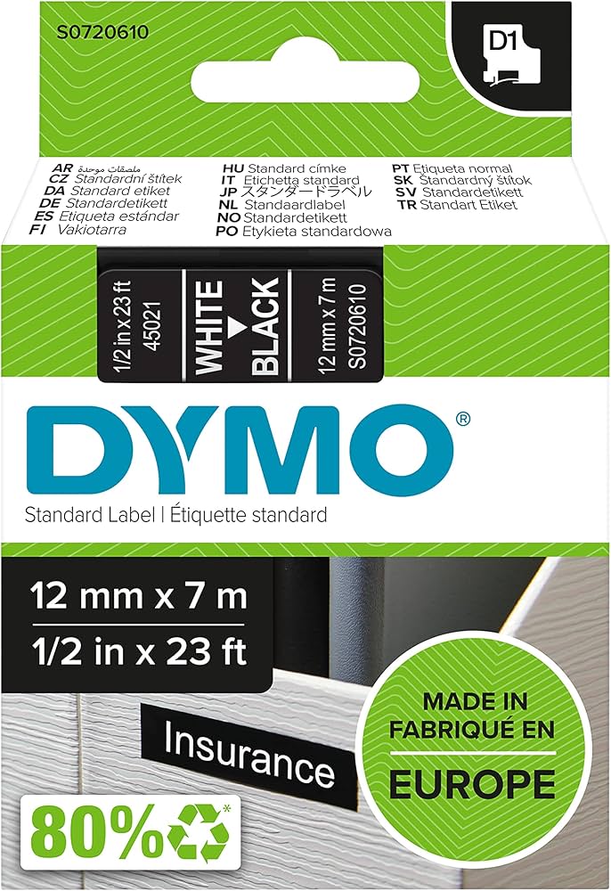 Dymo authentic d1 labels - black print on white tape, 12 mm x 7 m 