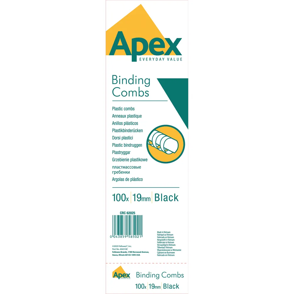 Fellowes apex plastic binding combs 19mm black (pack of 100) 6202501