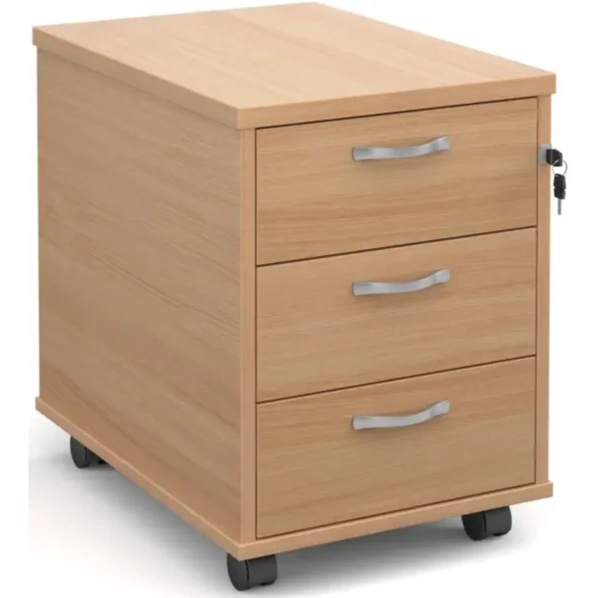 Mobile 3 drawer pedestal with silver handles 600mm deep - beech